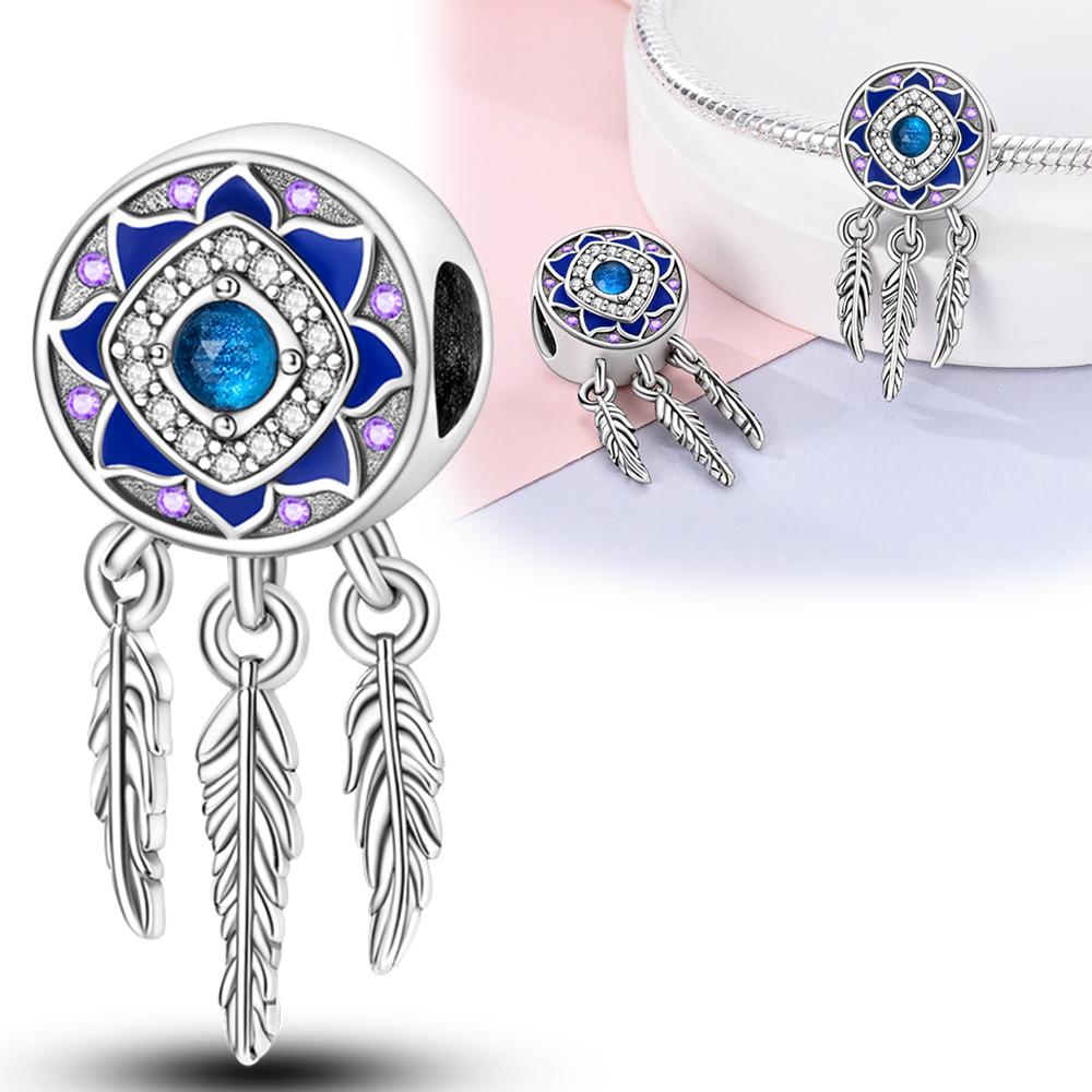 Charms Plata Blue Flower Dreamcatcher, Feather Beads Fit Original Bracelets Charms For Women Jewelry Diy Making Gifts