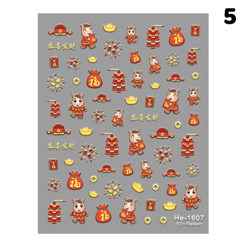 Autocolant Zodiac 5D Nail Art Drăguț Anul Nou Chinezesc Cal Animale Norocos Ponei Manichiură Decalcomanii Festiv Decorație Unghii Embosată