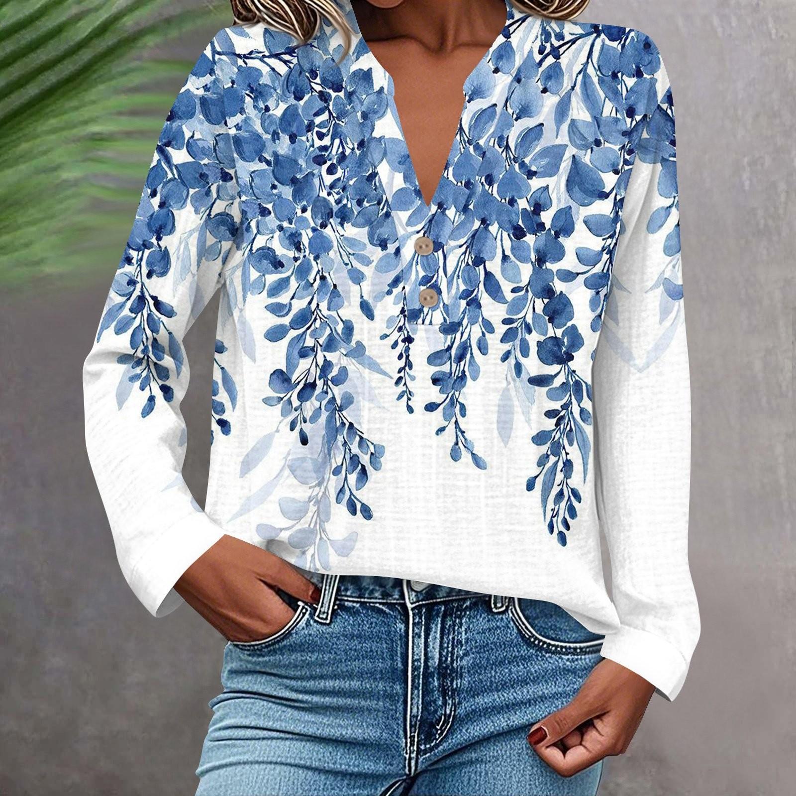 

Женская модная и повседневная рубашка с длинным рукавом, V-образным вырезом, на пуговицах, с принтом, блузка, топ XXL
