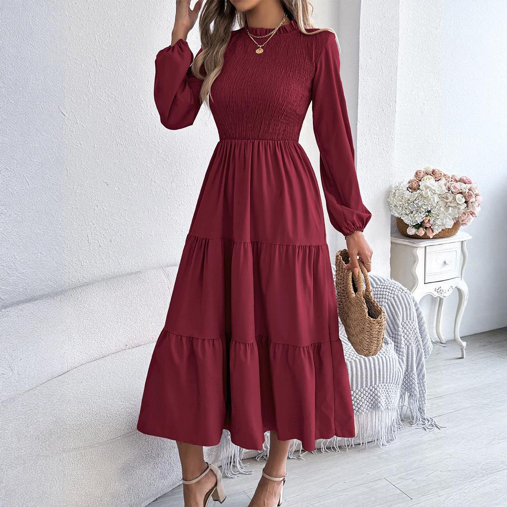Women's Fashionable Color Round Neck Long Sleeved Loose Dress With A Large Display