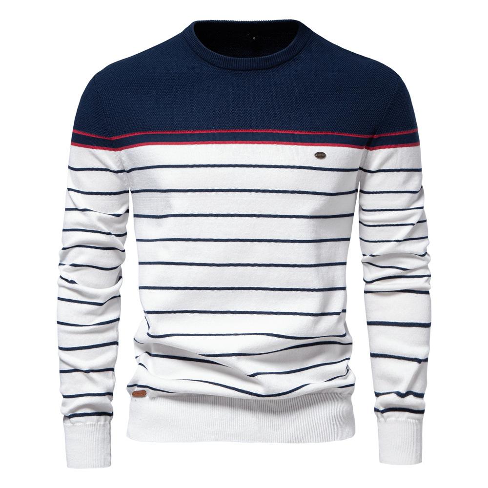 Men's Crewneck Knit Long-Sleeve Sweater Slim Fit Lightweight Casual Patchwork Color Knitted Pullover Fall Winter Warm Striped Sweater for Men