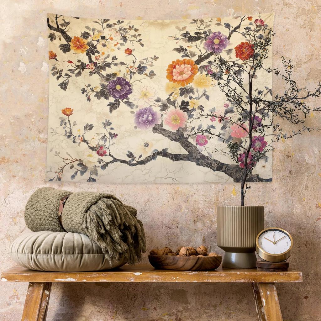 2D Flat Printed Vintage Oriental Floral Tree Tapestry Peach Skin Wall Hanging Bedroom Living Room Aesthetic Chinoiserie Decor