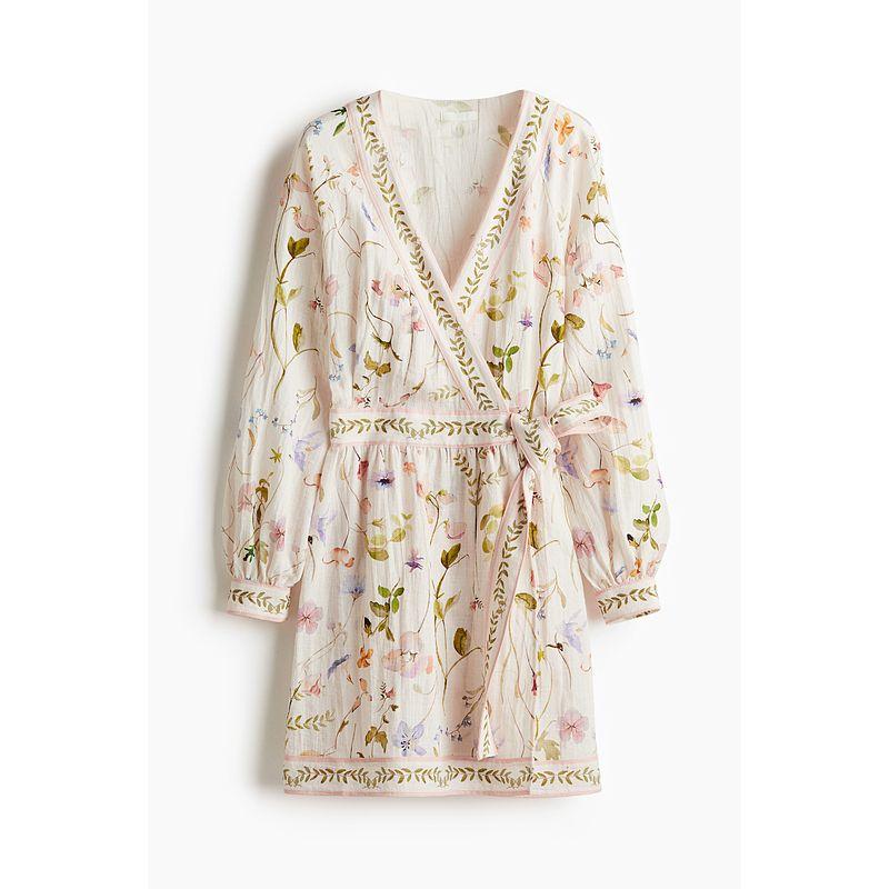 

Женская одежда HM Цветочный принт Платье 2025 Осень Новинка V-образный вырез Облегающее Талия Живот Плед Ленивое Французское Платье 1265585 Cream/Florals 170/116