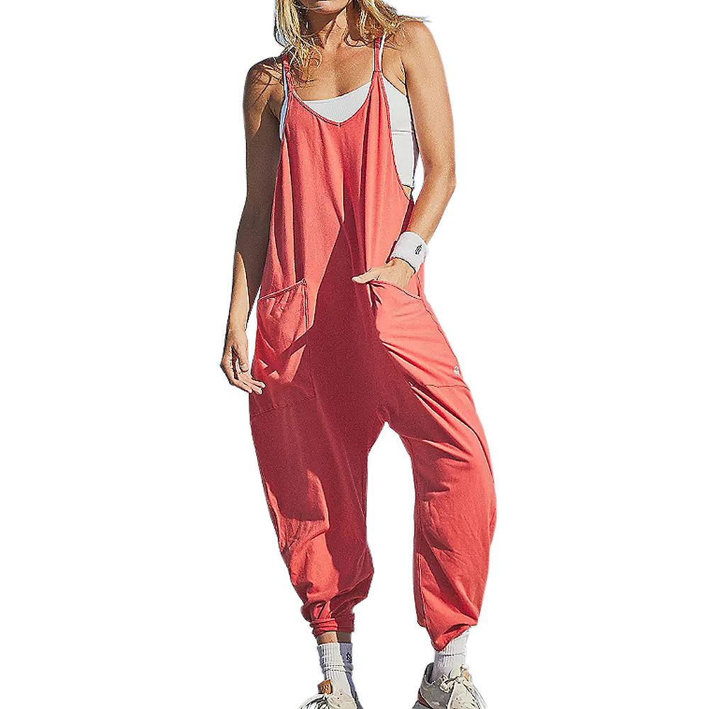 Damen Verstellbarer Träger Jumpsuit Lässig Locker Ärmellos Harem Romper mit Taschen