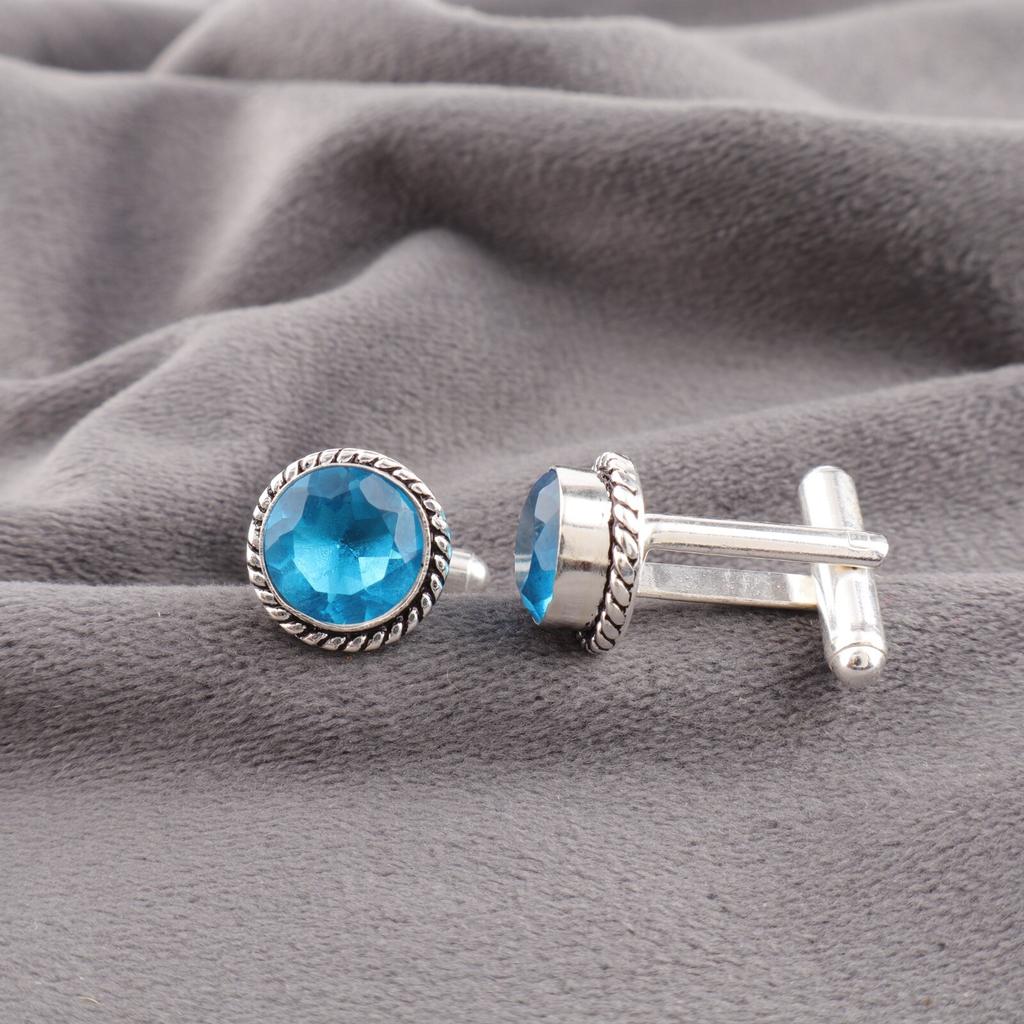 Swiss Blue Topaz Gemstone 925 Sterling Silver Jewelry Handmade Cufflinks 0.51" CL-3-2