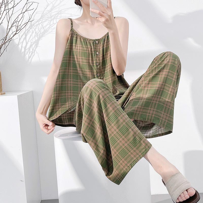 Summer thin cotton and silk suspender skirt women's loose printed loungewear dress can be worn outside lazy style pajama set