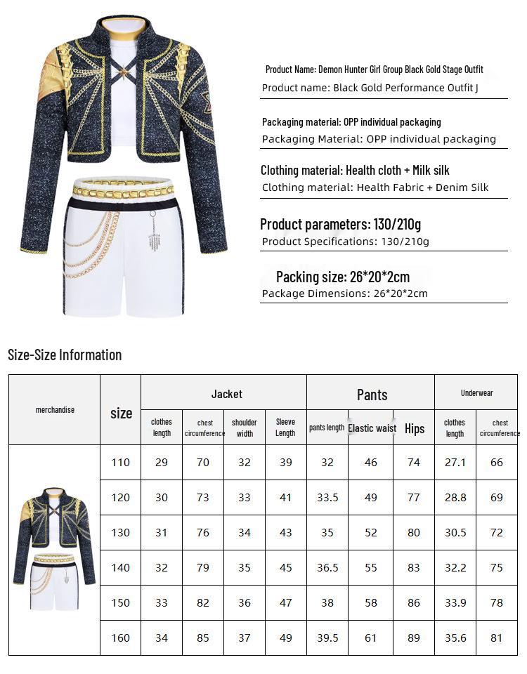Black Gold 2-Piece Demon Hunter Pop Singer Costume for Girls - Cool 3D Print Children's Outfit