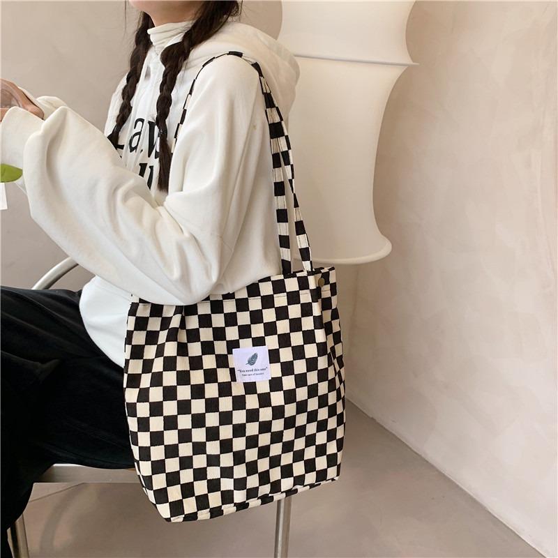 1 retro corduroy checkerboard shoulder tote bag female student class canvas bag simple hand bag
