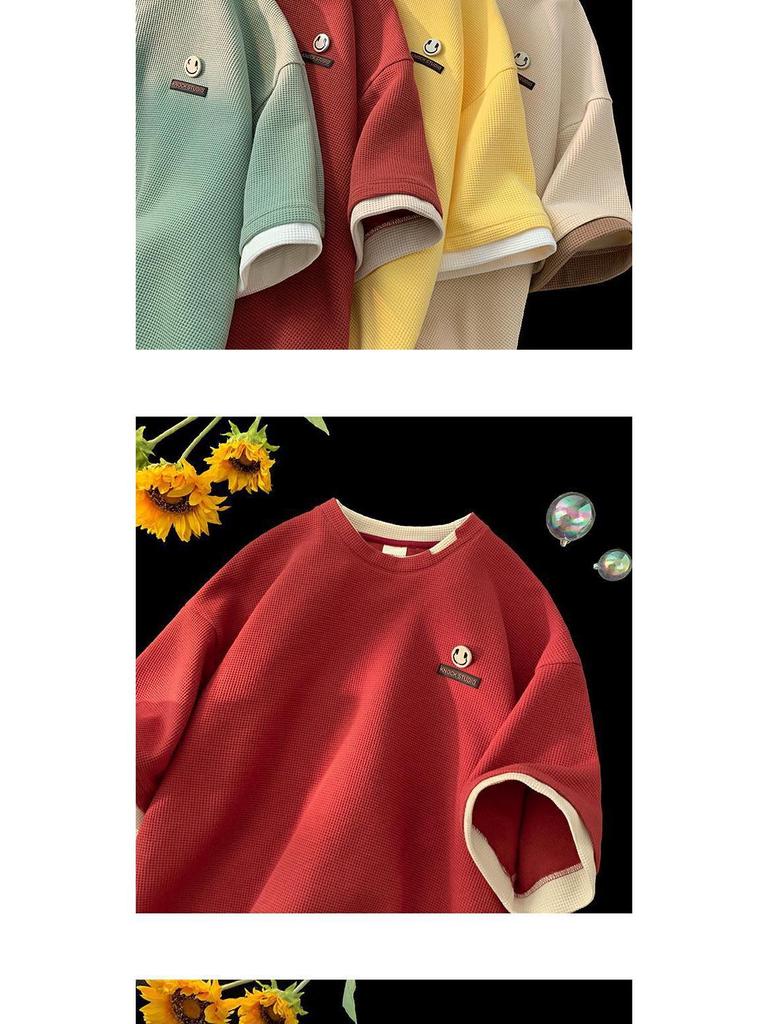 Men's Trendy Waffle Ripped Two-Piece Look T-Shirt, Heavyweight Loose Short Sleeve Summer Top