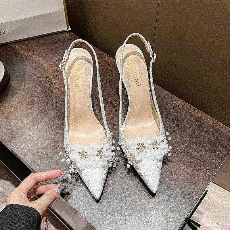 Fashion 2024 New White Wedding Shoes European And American Bride Shoes High-Heeled Women With Pointed Single-Shoe Women