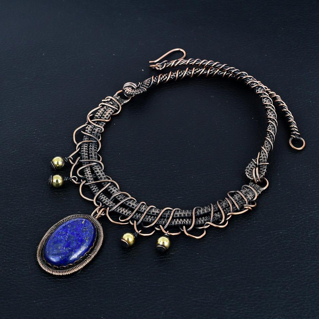 Lapis Lazuli Necklace Handmade Jewelry, 999 Copper Wire Wrapped Necklace Designer Gemstone Jewelry Adjustable Chain Necklace Gift For Mom