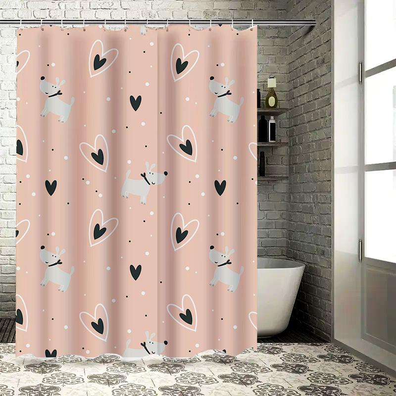 Cute Heart Pattern Dog Bath Shower Curtain Home Decor Waterfall Black White Animal Cartoon Pink Polyester Fabric Waterproof Hang
