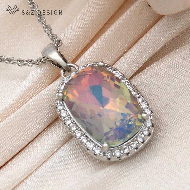 Fashion Elegant Rose Gold Color Rectangle Crystal Pendant Necklace For Women Wedding Zirconia Jewelry