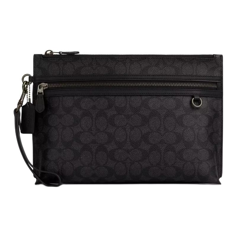 

COACH clutch bag [Customized bag] Pouch 30 charcoal gray simple patch detachable wrist strap zipper closure coated canvas large size unisex couple чорний