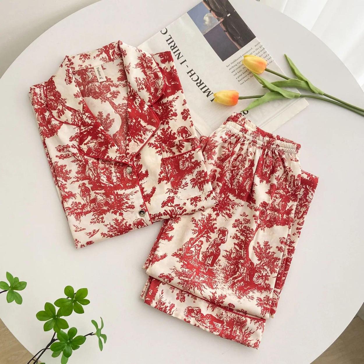 Весенняя новинка Ink Print Ice Silk Пижама для женщин с лацканами и длинными рукавами — фото 5