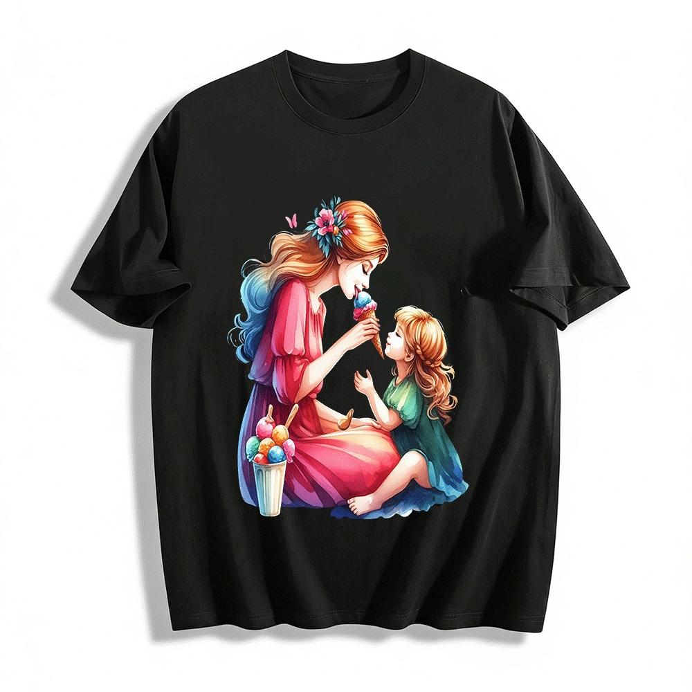 Warm Ice Cream Sharing Mother Daughter Graphic Tees Pure cotton T-shirt XXS