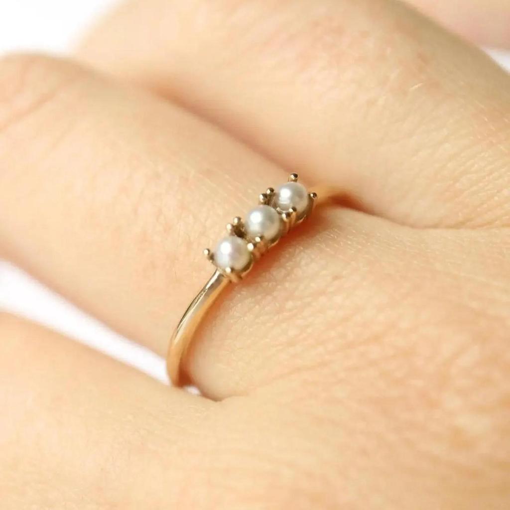 Yellow Gold Plated Pearl Ring: Minimalist June Birthstone Stacking Ring: Art Deco Dainty Bridal Jewelry for her
