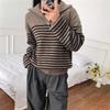 Women's French Retro Striped Half-Zip Knit Sweater - High Neck, Loose Fit for Autumn/Winter