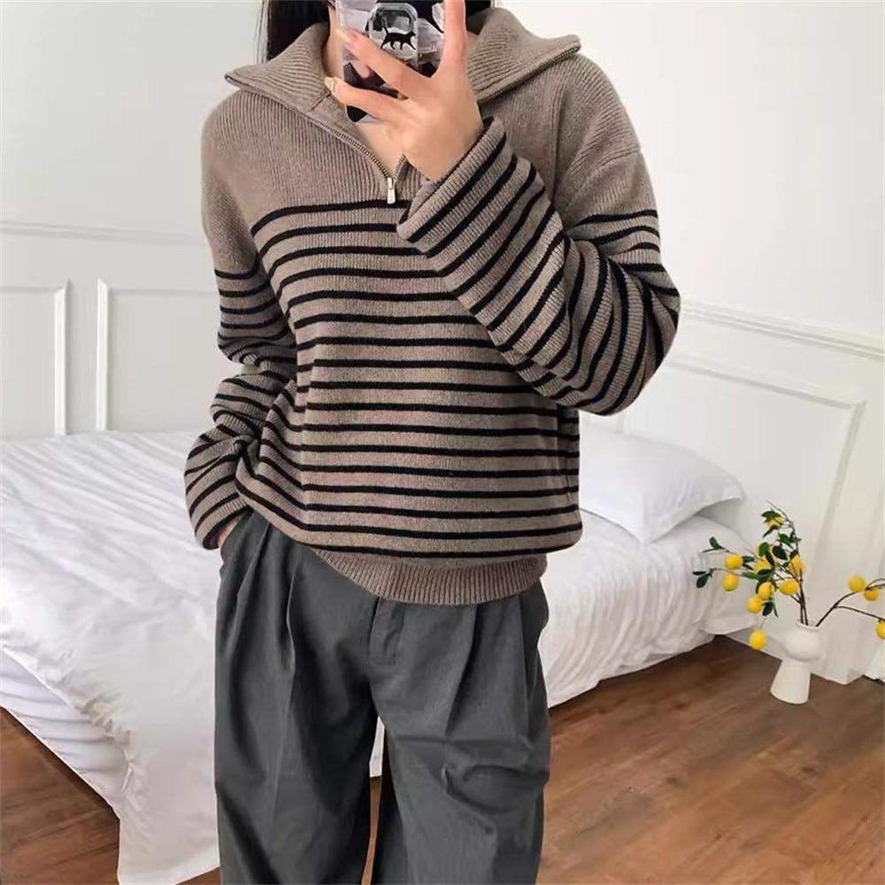 Women's French Retro Striped Half-Zip Knit Sweater - High Neck, Loose Fit for Autumn/Winter