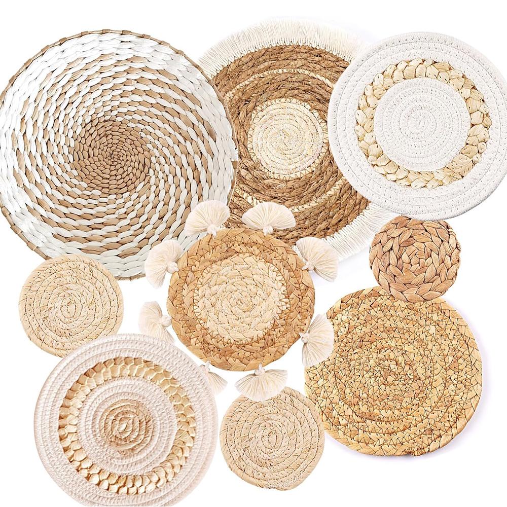 9 Pack Boho Wall Basket Set hanging Woven Wall Basket Decor, Seagrass Rattan Wicker Boho Wall Decor, Eco-Friendly Round Wall Art