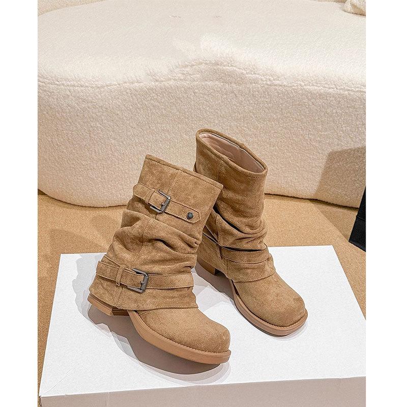 Top layer cowhide~ thick heel pleated pile short boots women's autumn and winter Maillard vintage western trousers Martin boots