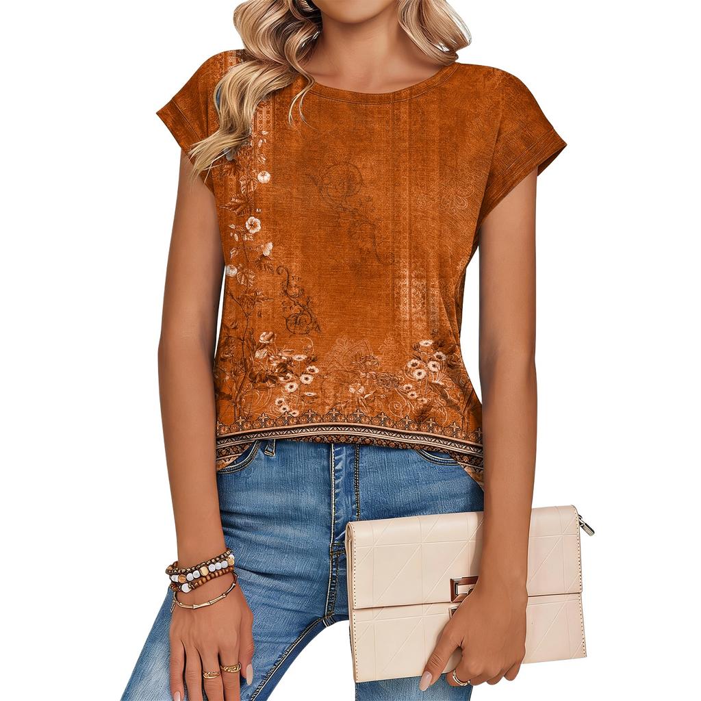 Damen Modisches Lässiges Retro-Print T-Shirt mit lockerem Schnitt