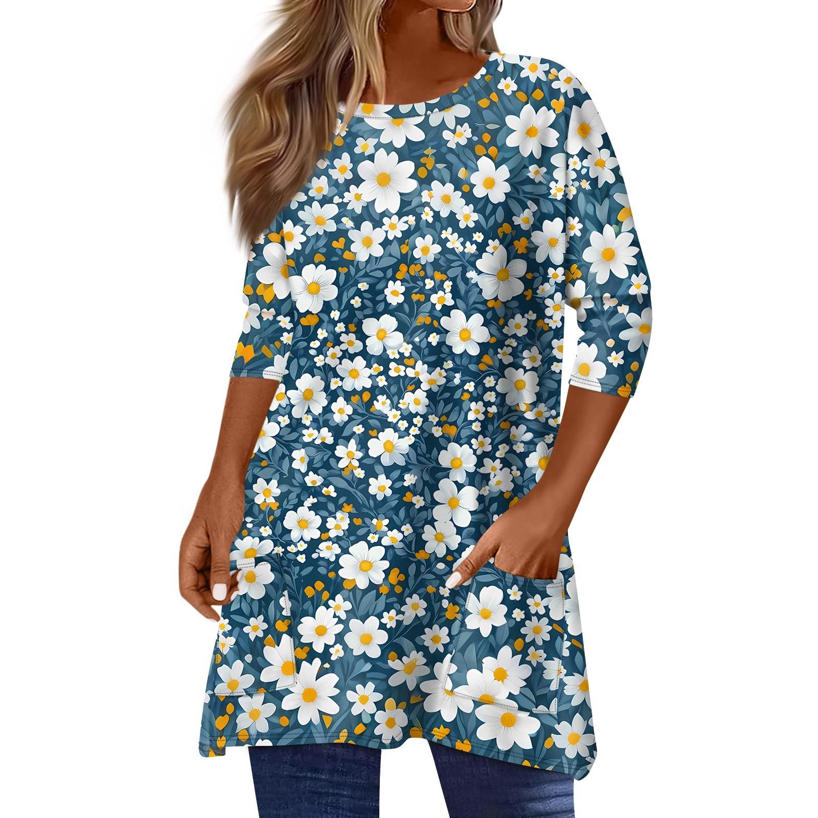 

3/4 Sleeve Pocket Tops For Women Print Mid-length T Shirt Round Neck Blouse XL синій