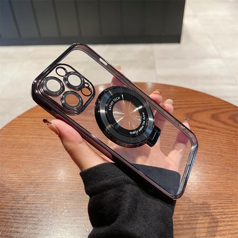 Applicable To IPhone 16 Mobile Phone Case Magnetic Suction Bracket Transparent Electroplating 14 Apple 15 Pro Protective Case 3 with Lens Film