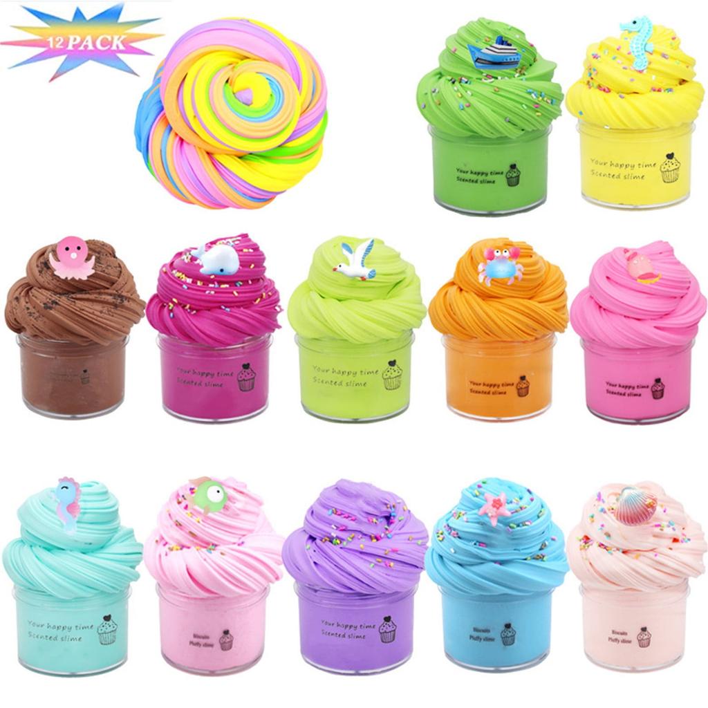 12pcs Round Jar Butter Slime 50ml Set Soft Rubber Clay Children's Stress Relief Toys Diy Birthday Gifts For Boys And Girls