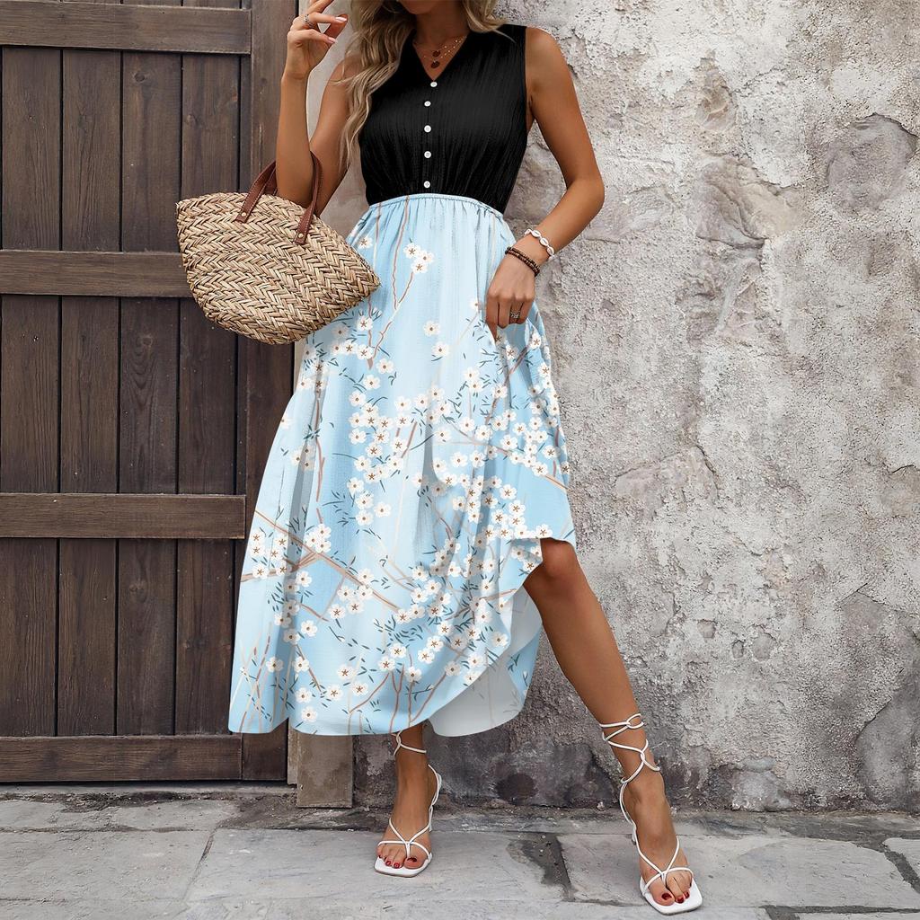 Women's Casual And Fashionable V-neck Sleeveless Printing Mid Length Dress