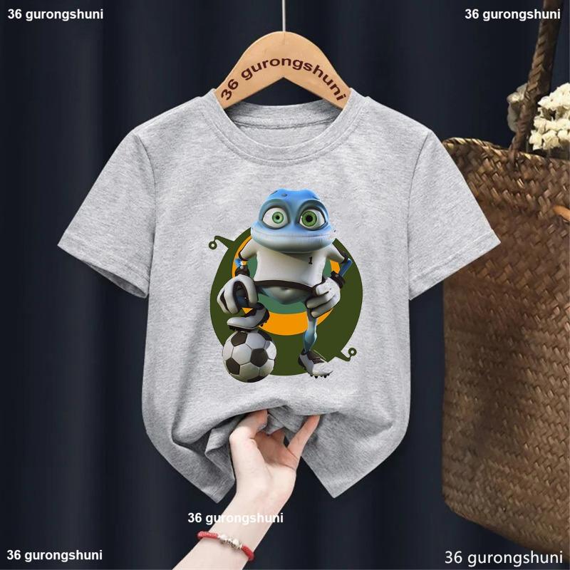 Nové tričko pro kluky/holky Vtipný kreslený potisk Žába, Dětská móda Trendy oblečení pro kluky Bílé s kulatým výstřihem Dětské tričko Top 1-13