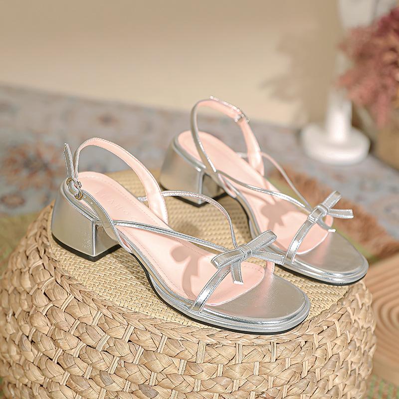 

Fashion silver leather thick high heels bowtie sandals women narrow band gladiator sandalias mujer 2025 new bow sandalias de tacón 35 серебряный