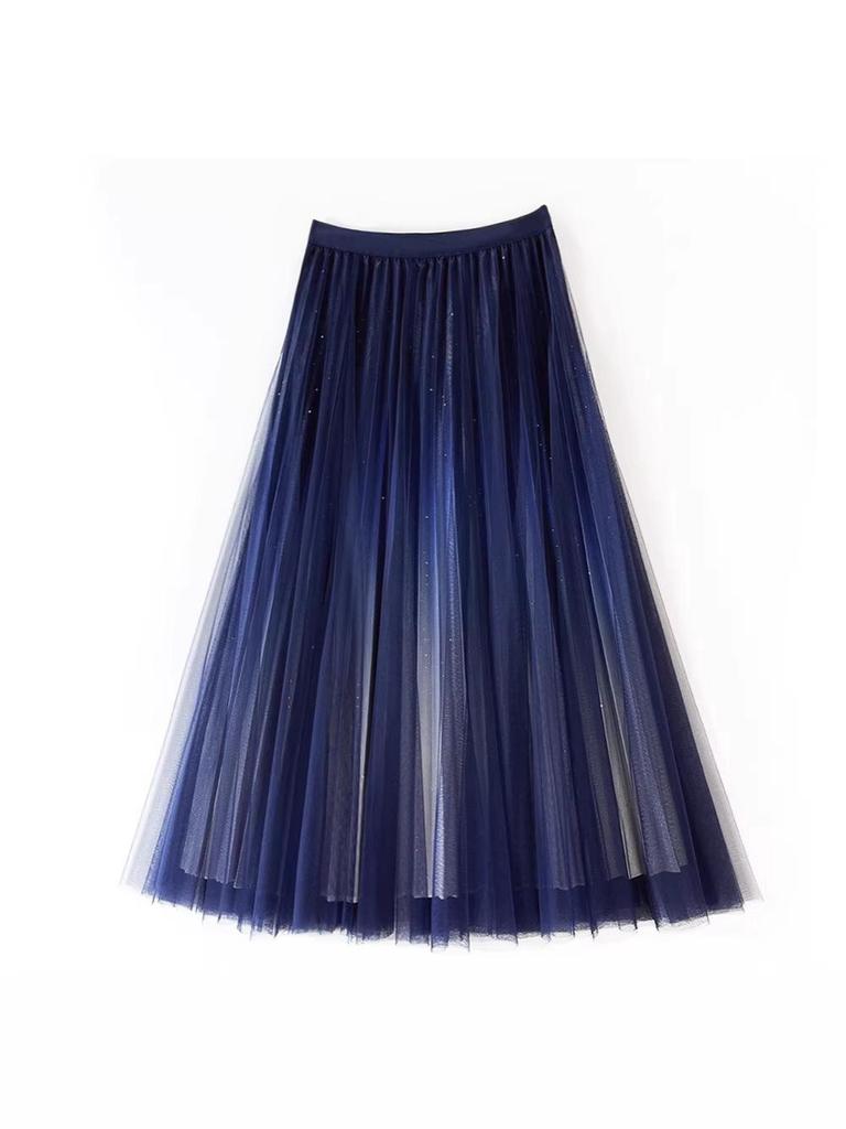 Women's Starry Sky Gradient Pleated Mesh Skirt 2026: Fashionable Slimming Long Skirt with Large Hem