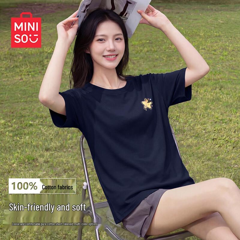 MINISO 2026 Summer Women s Cotton T-Shirt with Star Cat Logo M