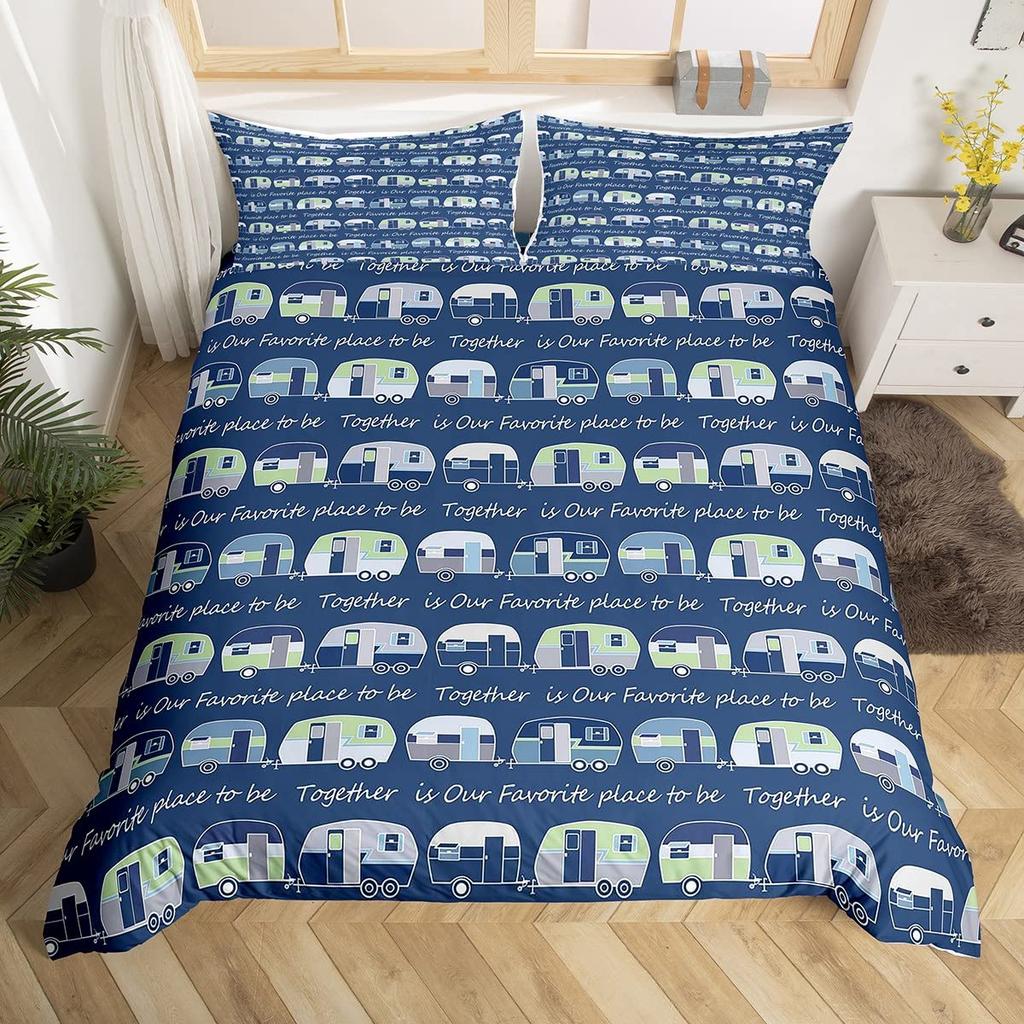 Camping Duvet Cover Lodge Cabin Camp Travel Car Bedding Set,Happy Glamping Trailer Comforter Cover Queen,Vintage Farmhouse Decor