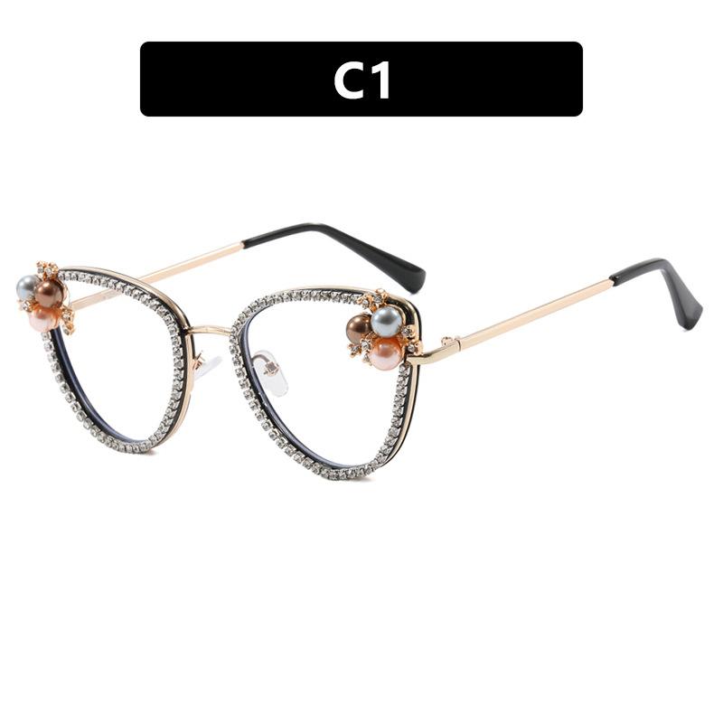Triangular Cat'S Eye Diamond-Encrusted Flat Mirror Anti-Blue Luxury Glasses Frame Pearl Retro Personalized Glasses Frame