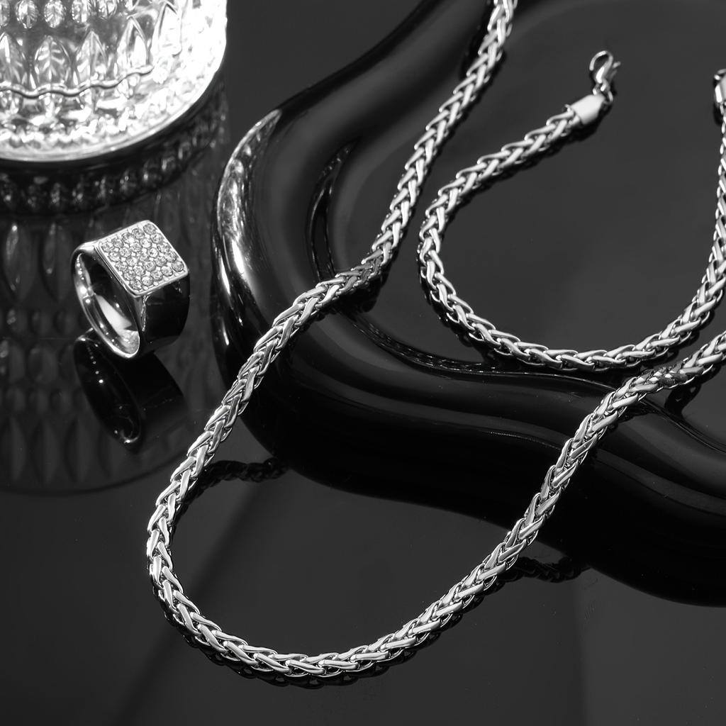 New Stainless Steel Jewelry Set Casting Square Full Diamond Ring Hip Hop Personality Titanium Steel Necklace Manufacturer