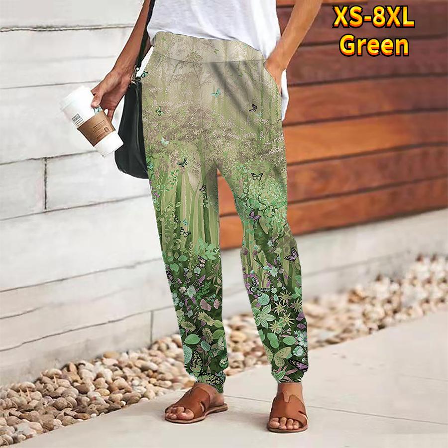 Women Forest Printing Pants Lace Up Elastic Waist Loose Trousers Casual Long Pants Trousers with Pockets