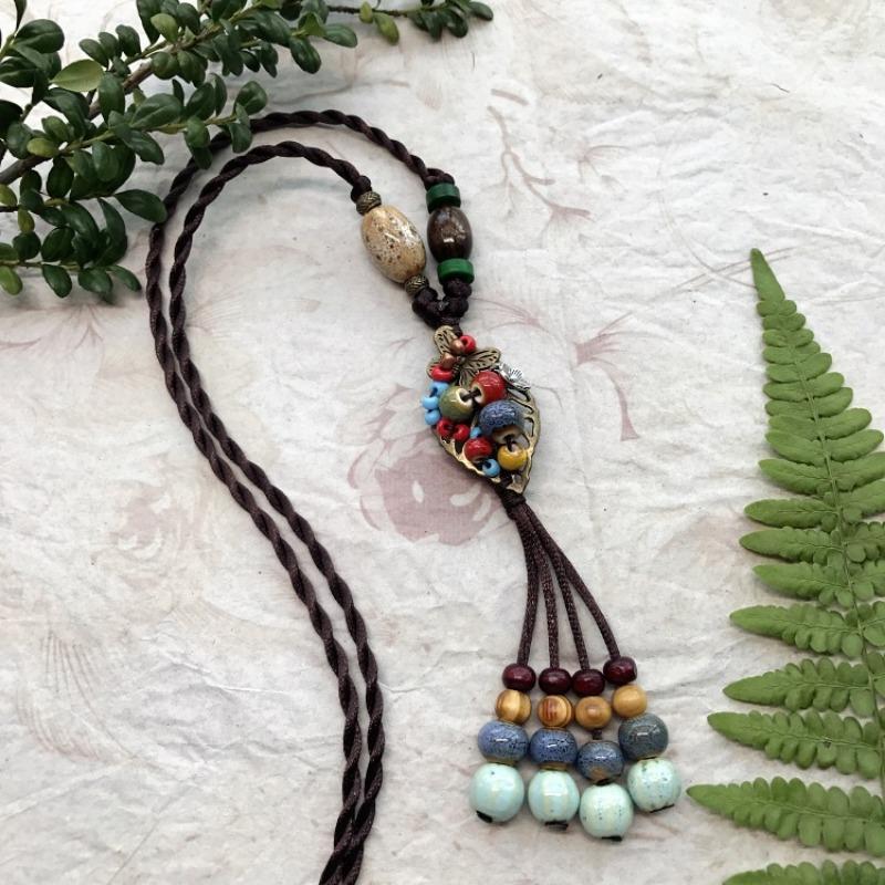 New Forest handmade ceramic necklace, women's retro versatile sweater chain simple long accessories pendant