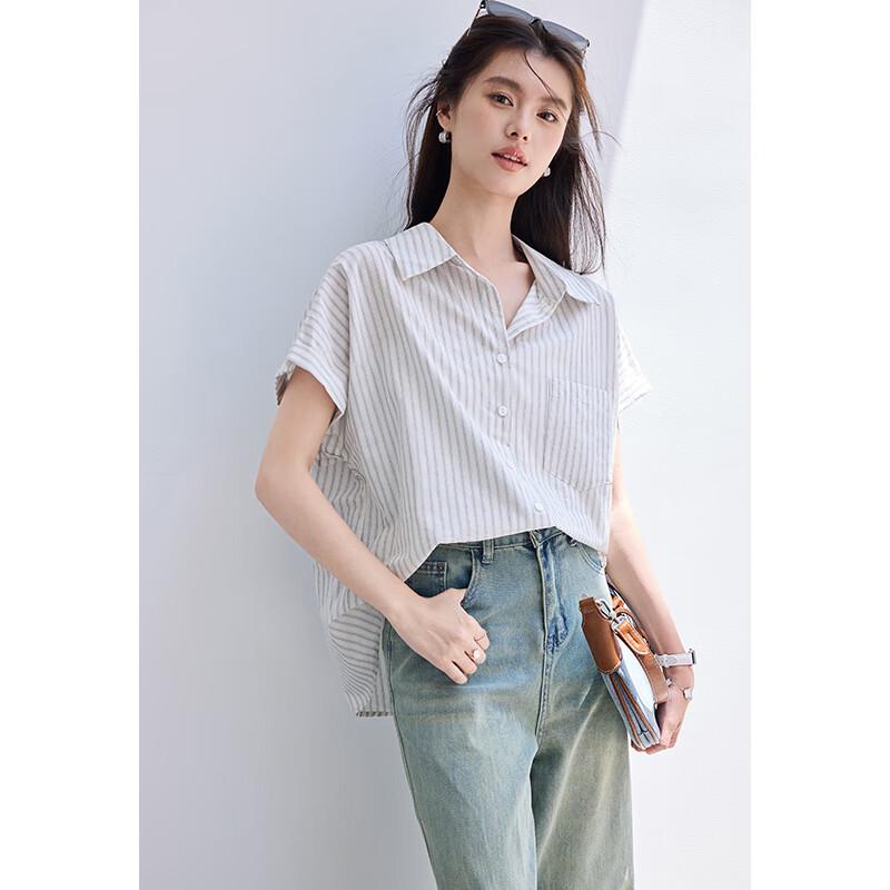 VICTORIA&VERA Women's Striped Short Sleeve Commuter Shirt