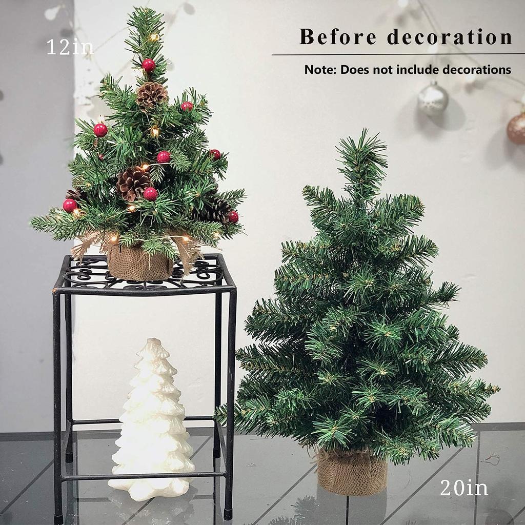 Pre-Lit Artificial Mini Christmas Tree,20 inch Miniature Pine Xmas Tree with 20 LED Lights,70 Branch Tips,Desktop Christmas Tree Burlap Base-(50cm)