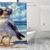 1Pc Black & White Bird Beach Scene Shower Curtain - 71X71 Inch, Polyester, 12 Hooks, Hand Wash, Boho Bathroom Decor