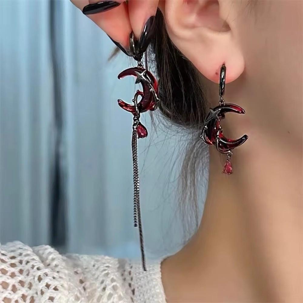 Tassel Chain Rhinestone Moon Earrings Gothic Style Women Dangle Earrings  Hip-Pop Style