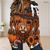 Women Plus Size Square Neck Long Sleeve Faux Two Piece Printed T Shirt Halloween Teddy Bear Pumpkin White