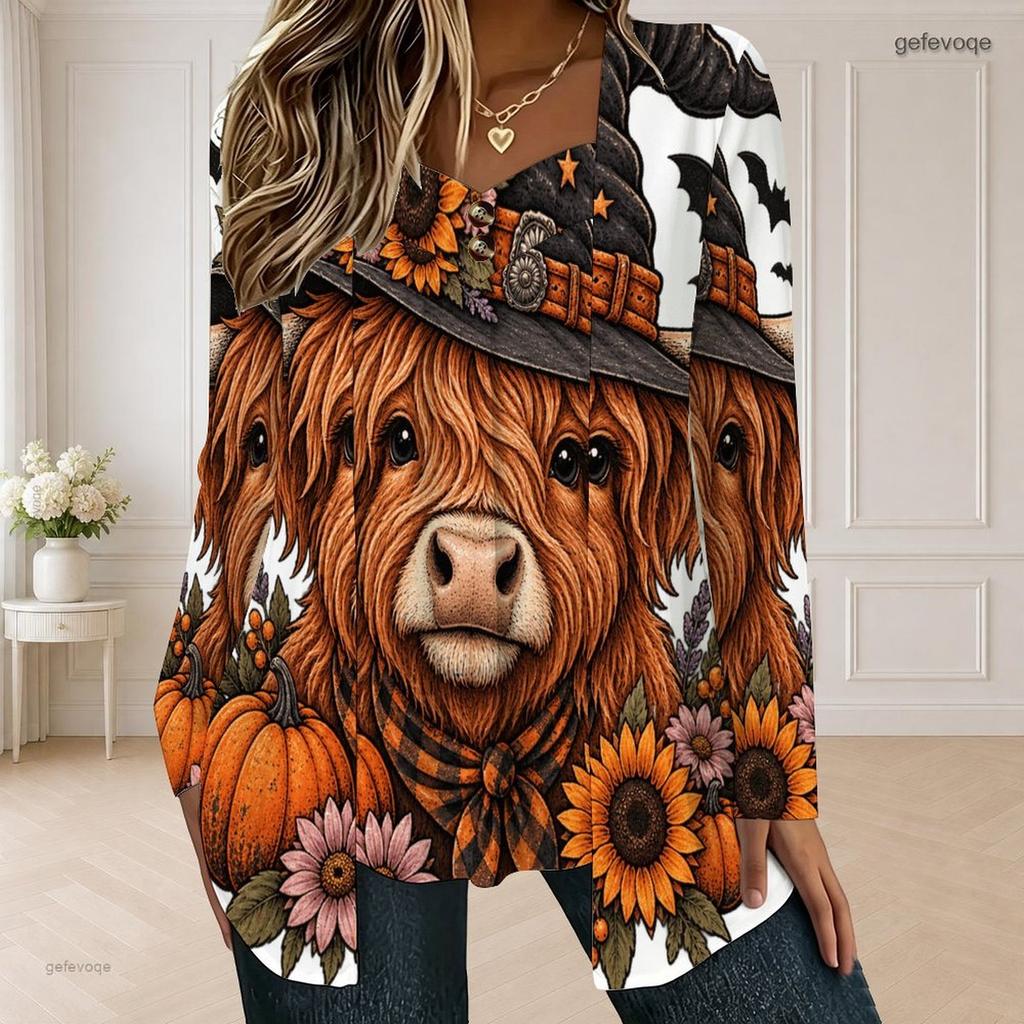 Women Plus Size Square Neck Long Sleeve Faux Two Piece Printed T Shirt Halloween Teddy Bear Pumpkin White
