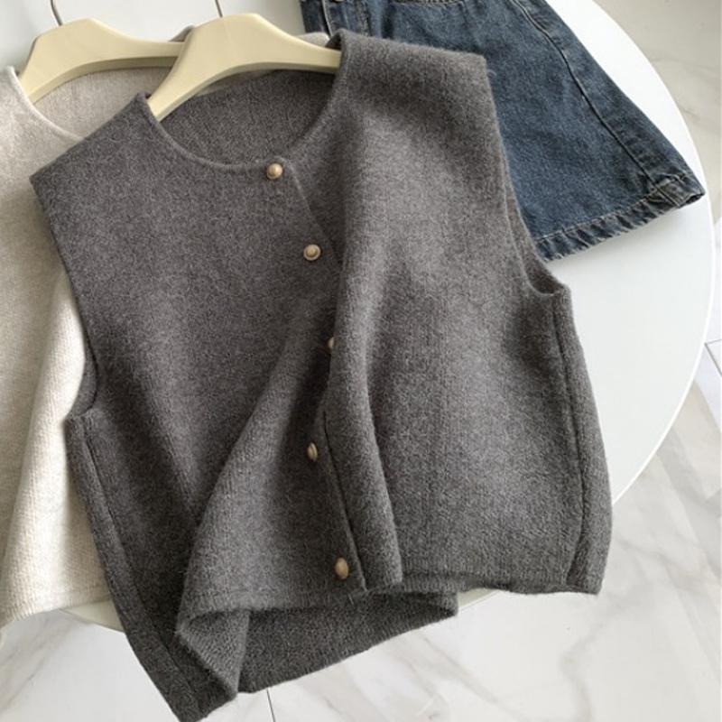 Elegant O Neck Sleeveless Women Sweater Tops Casual Loose Single-breasted Round Neck Knitted Vest Solid Color Simple Cardigan Sweaters Clothes 2556