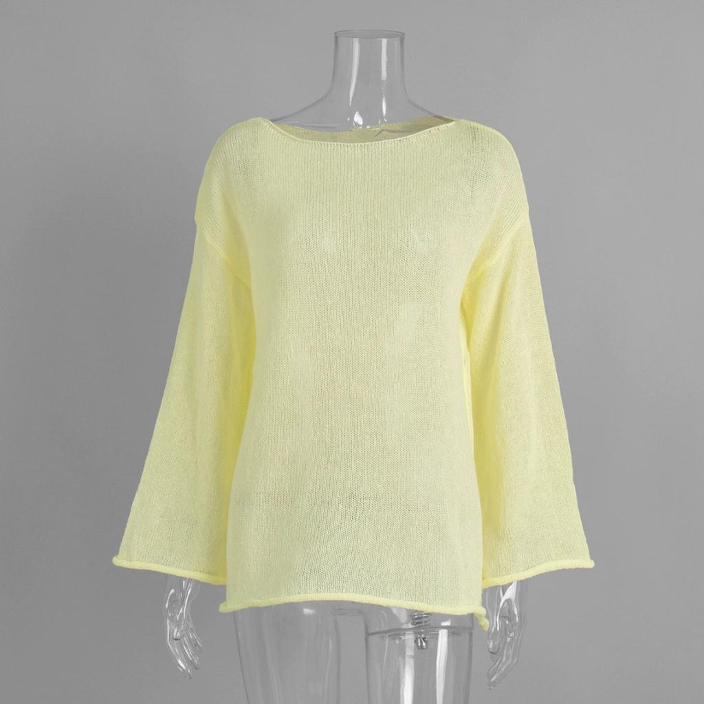 Hollow Knit Sweater Spring and Summer Women's Perspective Thin Section Big Round Neck Flared Sleeve Knitted T-shirt