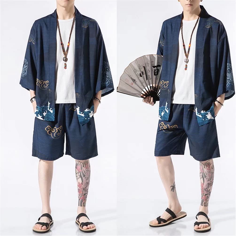 Trysimple Jinbei Short and This Summer Set Is Perfect for Fireworks and Features Include and Wave Patterns Men's Set, Haori, Samue, Cardigan, Sleeves,