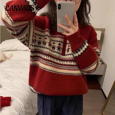 Christmas Sweater Women's Autumn and Winter Long Sleeve Half Zipper Polo Neck Vintage Loose Pullover Knit Sweater