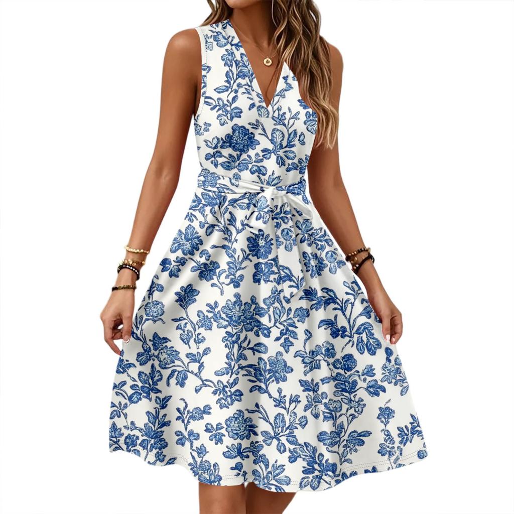 Women's Spring And Summer Casual V-Neck Sleeveless Waist Floral Print Midi Dress